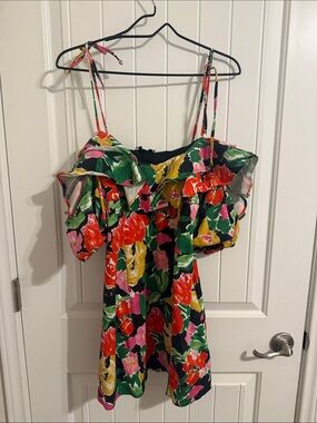 Topshop Green Floral Off-Shoulder Mini Dress with Pink, Yellow & Red Blooms